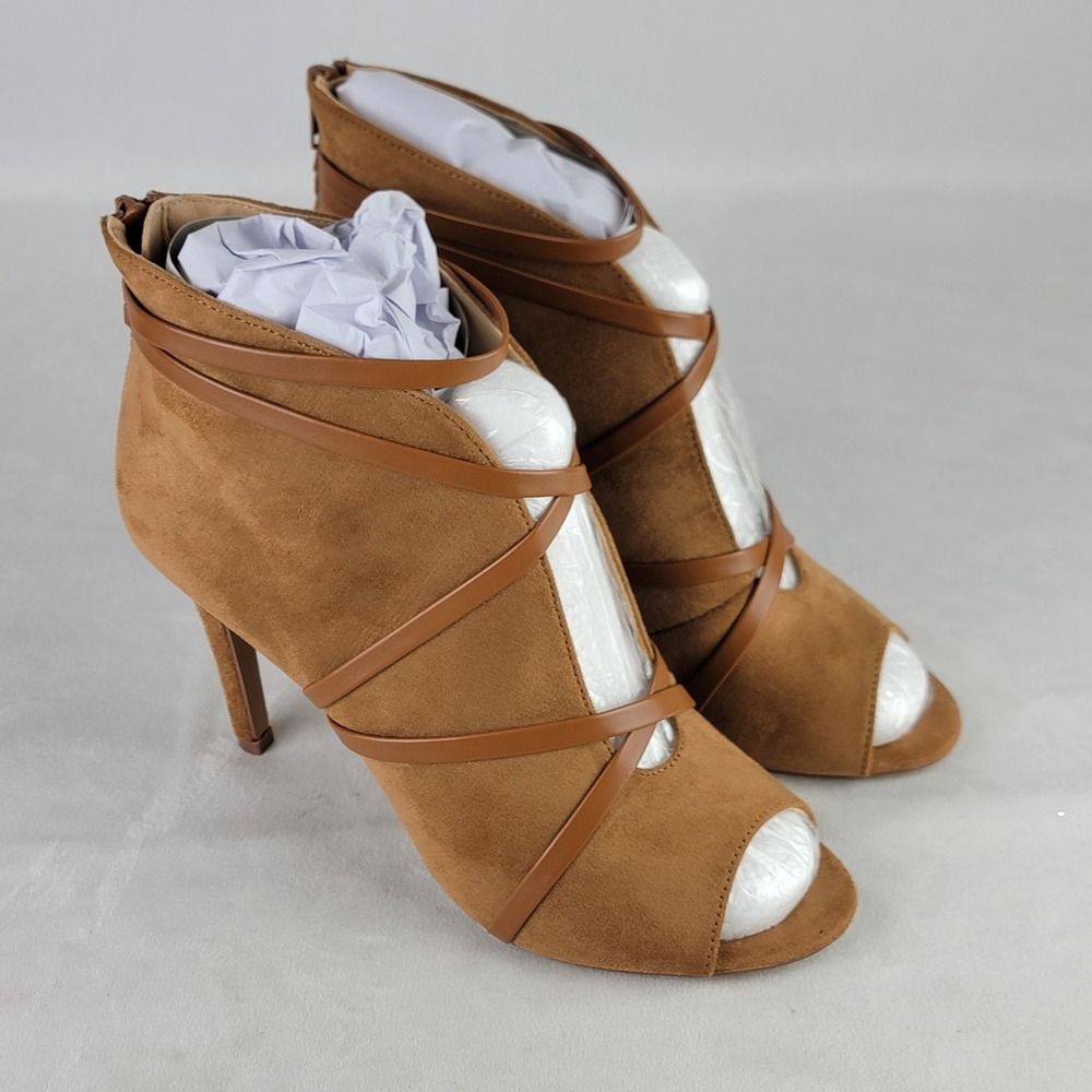 Samara Cognac Ankle Booties Size 10M Open Toe Criss Cross Straps High Heel Shoes